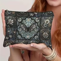 Gothic Stained Glass Bat Cosmetic Bag Bright Mid-Century Design Travel Toiletries and Pencil Pouch Unisex Adult Storage Bag