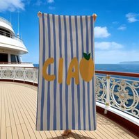Italian Summer Vibes Beach Towel Microfiber Ciao Lemon Print Blue & White Striped for Coastal Vacation Amalfi Coast Aesthetic