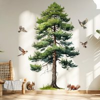 Watercolor Pine Tree Wall Decal with Birds and Squirrels, Removable Wall Stickers for Kids Bedroom Nursery Playroom Wall Decor