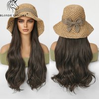 BlONDE UNICOR Summer Hat wigs Cap with Hair Black Wavy Wig Connect Synthetic Wigs for Women Daily Use High Temperature Hair