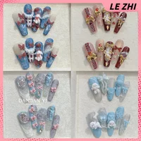 Sweet Cat Dog Bowknot Handmade Long Coffin Stiletto Press On Nails Snowflake Pearl Candle Diamond Flower Strawberry Fake Nails