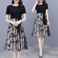 Elegant Floral Embroidery Dress for Women Short Sleeve Cotton Mesh Summer Fashionable A-Line Skirt round Neck mid Waist