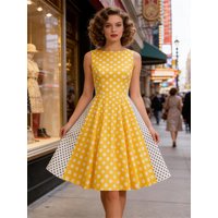 Tonval O-Neck Sleeveless Colorblock Polka Dot Vintage Dress Summer 2026 Elegant Women Knee Length Retro Wear Cotton Dresses