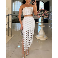 Two Piece Set Women Outfit 2025 Summer Plain Textured Bandeau Sleeveless Crop Top & High Waist Casual Slit Slim Fit Skirt Set
