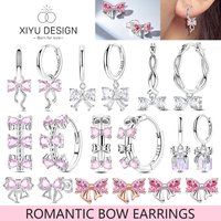 Romantic Pink Bow 925 Sterling Silver Fashion Earring Zircon Shining Bow Tie Set Earrings Original DIY Women Fine Jewelry Gift
