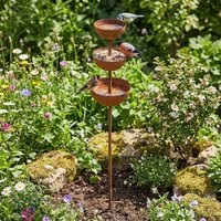 3-Tier Bowl Metal Bird Bath Rusted Vintage Iron Garden Rain Catcher Garden Stake Decorative Bird Water Dispenser Patio Backyard