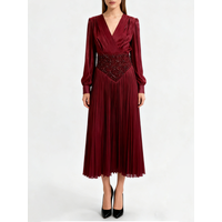 TWOTWINSTYLE Solid Spliced Bead Casual Dresses for Women V Neck Long Sleeves Tunic Patchwork Folds Dress Female Fashion Clothing