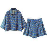 Sleepwear Blue Two Piece Set Women Paiamas Summer Shorts Loose Fashion Print Short Sleeve +Elastic Waist Short Pants Set Beach