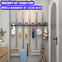 Wall Mounted Mop & Broom Organizer Rack with Hooks, Easy Install Mop Holder for Kitchen & Home Organization