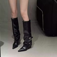 Bottes hautes à boucle de ceinture pointues pour femme, nouvelle collection automne-hiver 2026, bottes cuissardes à talon épais tendance en cuir, style Chelsea