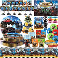 Monster Truck Birthday Party Decorations Tableware Cups Plates Tablecloth Balloons Banner Backdrop Gift Bags Kids Party Supplies