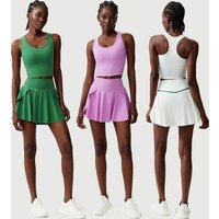 Women Two Pieces Fitness Yoga Set Breathable Outdoor Running Suit Soft Stretchy Tennis Skirt Workout Clothes Short Sportswear