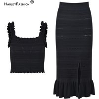 Lady Sexy Summer High Street Knit Suit Square Collar Sleeveless Short Tank Top Midi Ruffle Hem Skirt Women Hollow Out Solid 2Pcs