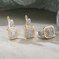 Square hollow design inlaid zircon earrings and ring set retro fashion jewelry copper plated 14K gold banquet holiday decoration