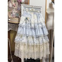Princess Style Fluffy Patchwork Cake Skirt Women Japanese Y2K Lolita Lace Ruffle High Waist Midi Skirts Holiday Party Fashion