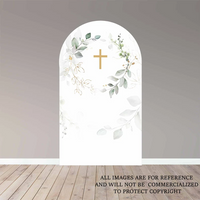 Mehofond God Bless Arched Backdrop Baby Baptism Gold Cross Watercolor Painted Floral Birthday Party Green Leaves Decorations