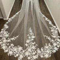 Gorgeous Lace with Pearls & 3D Flowers One Layer Cathedral Length Wedding Veil for Bride