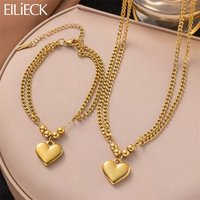 EILIECK 316L Stainless Steel Gold Color Smooth Heart Charm Necklace Bracelets Set For Women Trendy Waterproof Jewelry Lady Gift