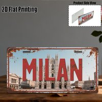 2D flat License Plate Cover and Frame with a Milan, Italy Vintage Design. This Large Metal Wall Decor Measures,Showcasing the
