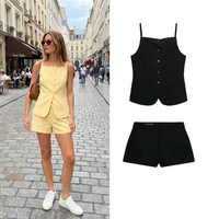 Casual Mixed-Media Vest-Style Strap Top And Shorts Set Short Sleeve round Neck Button-Up Women's Fashion Summer Outfit
