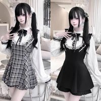 Jirai Kei Lace Bow Dress with Pants Dark Gothic Lolita Y2K Long Sleeve Black High Waist Outfit Women Sweet Kawaii Japanese Style