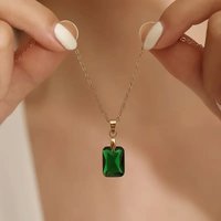 Huitan Square Green Cubic Zirconia Pendant Necklace for Women Simple Stylish Design Gold Color Bridal Wedding Necklaces Jewelry