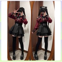 Jirai Kei Cosplay Gothic Lolita Sweetheart Dresses Set Long Sleeves Blouse Pleated Skirt Black White Red Ver for Halloween Party