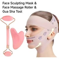 3-Piece Face Sculpting Mask&Face Massage Roller&Gua Sha Tool,Reusable AdjustableV-shaped Face Bandage,Portable Body Massage Tool