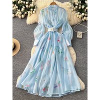 Romantic Style Floral Print Dress Women's Korean Version Hollow out Belted Waist A-Line Long Dress High End Feeling Lantern S...