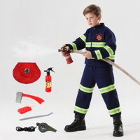 3-12Y Firefighter Costume Set with 6PC Fireman Toys Role Play Dress Up for Toddler Pretend Play Party Hero Outfit Blue Red