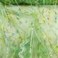 Green Embroidered Sequin Mesh Fabric Vertical Stripe Elegant Designer Dress Handmade DIY Home Sewing Craft Clothing Material