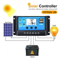 60A Solar Charge Controller 12V 24V Voltage Regulator for Solar Panel System with LCD Display Dual USB Charger for Photovoltaic
