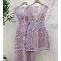Luxury Purple Lace Dress Women Vintage Embroidery Flower O-neck Bodycon Dresses Elegant High Waisted Summer Party Vestido