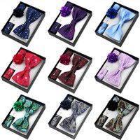 Mens Bow Tie Set Fashion Bow Tie Flower Pin Pocket Square Gift Box For Wedding Man Neck Brooch Hanky Business Cravata Accessory