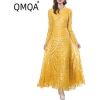 QMQA Fashion Women's Evening Dress Yellow Sequins Spliced V-neck Long Sleeve Elegant Banquet Dresses 2025 Spring New QM297