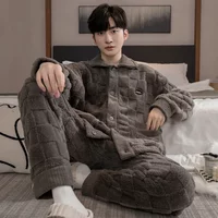 2PCS/Set Thickened Warm Men's Pajamas Winter Padded Long-Sleeved Trousers Coral Velvet Sleepwear Homewear Youth Plaid Clothing