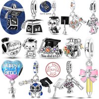 Charms 925 Sterling Silver Happy Graduation Series Bachelor's Cap Floral Charm Beaded Pendant Fit Bracelet Necklace Jewelry Gift