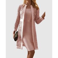 Women's Solid Midi Bodycon Formal Dress, Hollow Out Open Front Long Sleeve Coat, Two Pieces Dress Suit Set, Korean Style, Summer