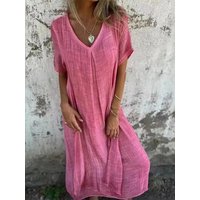 Casual Loose V-neck Pure Color Women's Dress Comfortable Natural Waist Short Sleeve A-line Skirt Polyester Fabric All Seasons