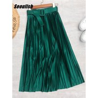Seoulish 2025 New Solid Elegant Stain Women's Pleated Skirts with Belted High Waist Skirts Mi-long Umbrella Skirt Spring Summer