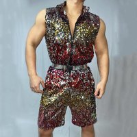 Men Hip Hop Performance Clothes Singer Team Street Dance Costume Colorful Sequins Sleeveless Jumpsuit Nightclub Shiny Stage Wear