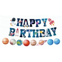 Birthday Party Decoration, Space Themed Happy Birthday Banner, Containing Elements of Astronauts, Rockets, and Planets
