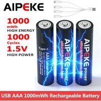 AIPEKE USB AAA Rechargeable Lithium Battery 1000mWh 1000 Cycles 1.5V Constant Voltage No Charger Remote Control Electric Toys