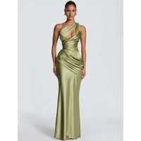 Mozision Satin One Shoulder Sexy Maxi Dress Women Elegant Diagonal Collar Cutout Ruched Bodycon Mermaid Long Evening Party Gown