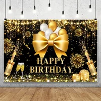 Happy Birthday Backdrop Black Gold Balloons Champagne Birthday Party Decor Photography Background Banner for Men Women