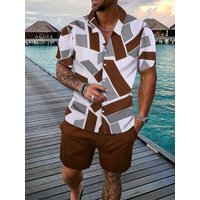 Men's Trendy Casual Set, Stripe Geometric Pattern Shirt & Caramel Solid Shorts for Daily Wear