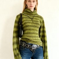 Retro Y2K Green Striped High Neck Knitwear Sweater Fashionable Vintage Style for Trendy Outfits