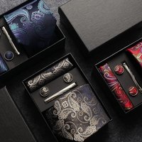 100% Silk Brand Tie Handkerchief Cufflink Set For Men Necktie Holiday Gift Box Blue Gold Suit Accessories Fit Workplace Holiday