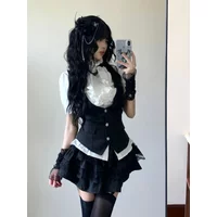 2000s American Retro 3 Piece Sets Women Casual Y2k Crop Top Blouse + Vest + Skirts Outwear Subculture Harajuku Vintage Suits