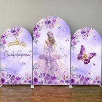 Purple Girls Birthday Party Arch Backdrop Cover Flowers Butterfly Girls 15th Birthday Decor Arched Background Photo Studio Prop